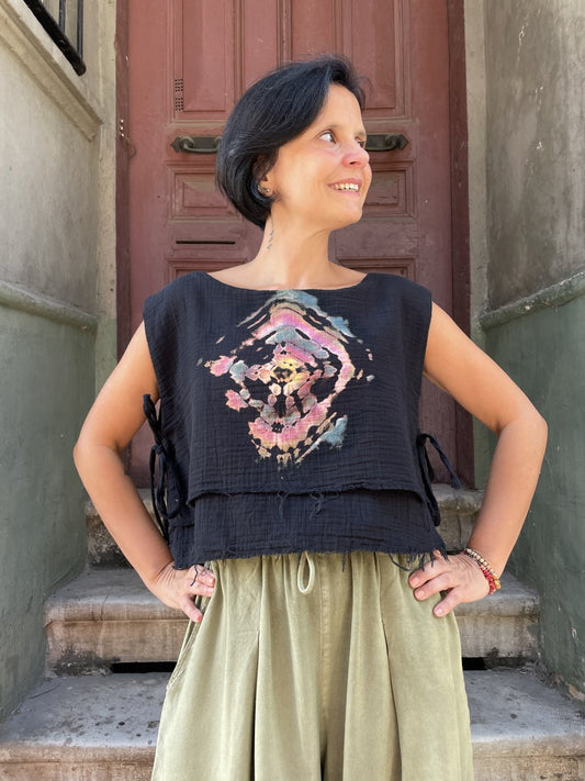Bohem Siyah Batik Desenli Müslin Bluz – %100 Pamuk