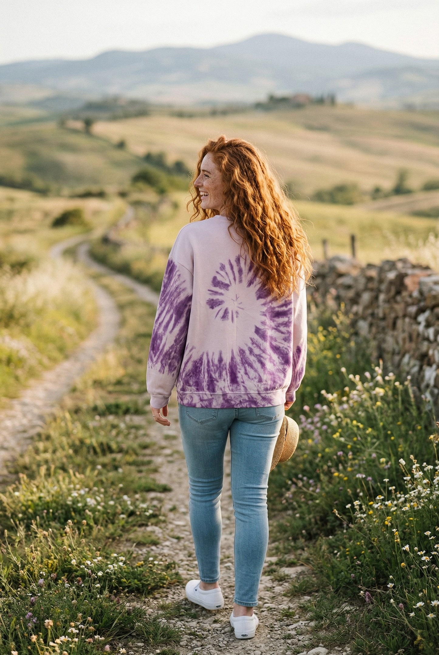 Batik Desenli Oversize Sweatshirt – %100 Pamuk, Mor Spiral