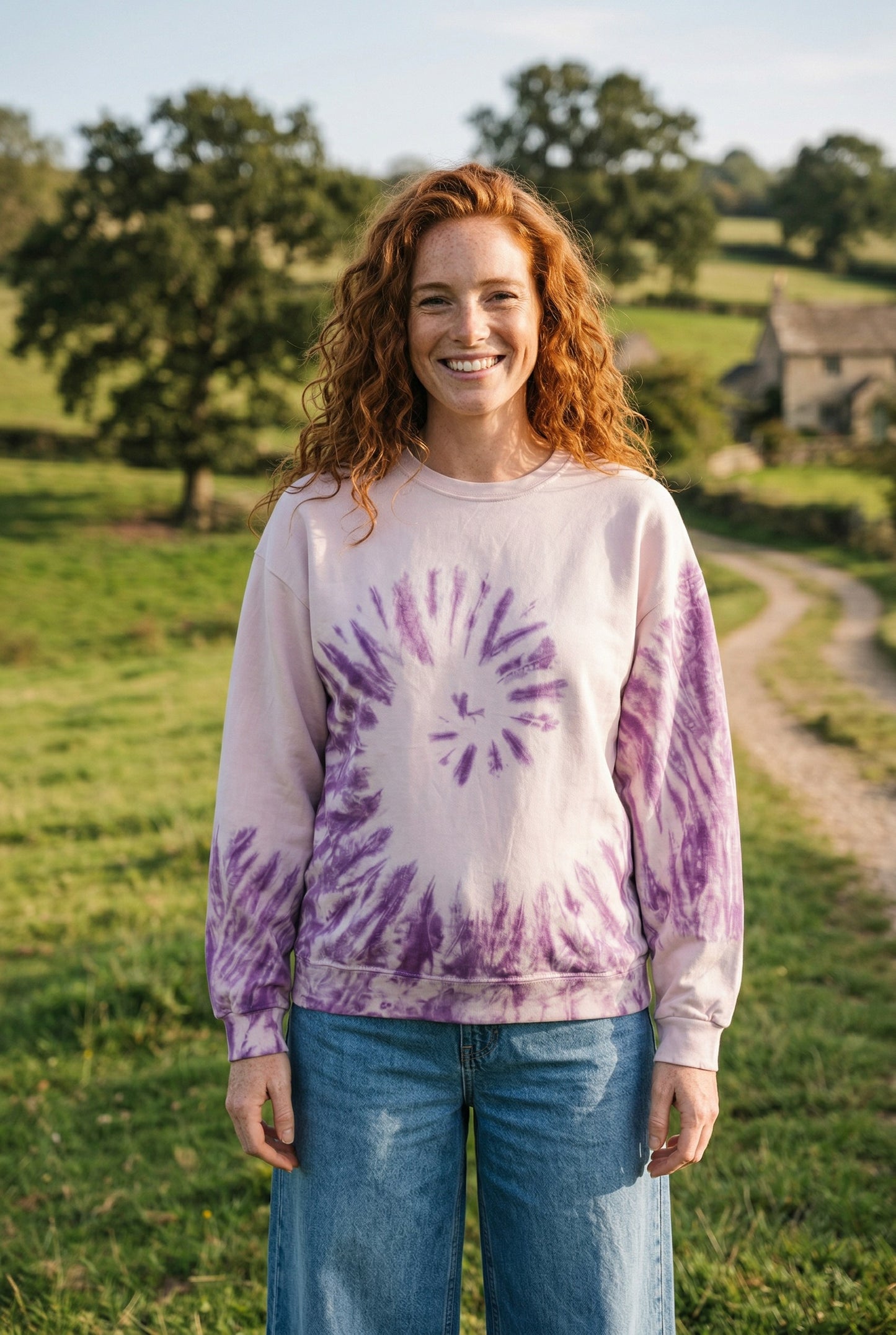 Batik Desenli Oversize Sweatshirt – %100 Pamuk, Mor Spiral
