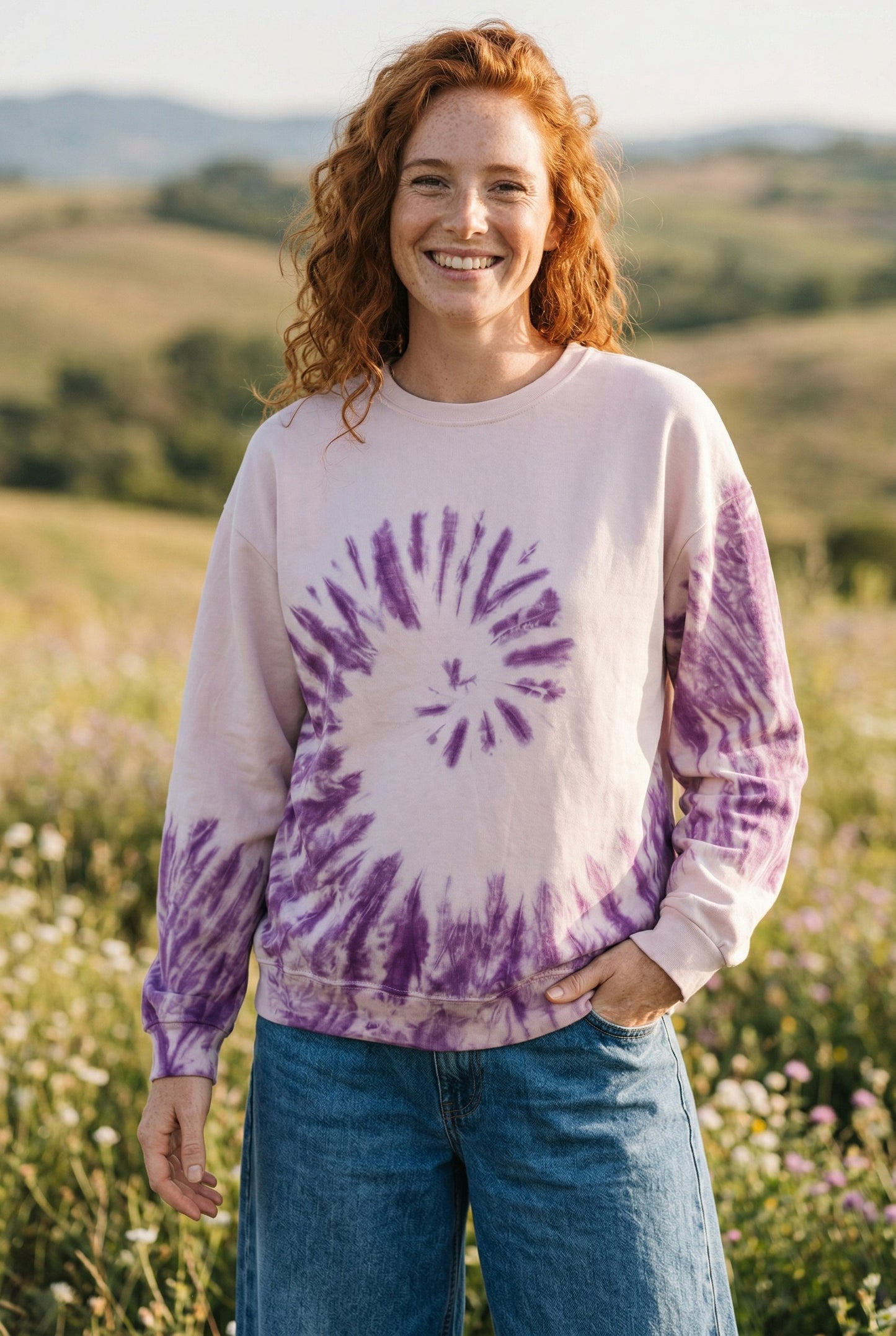 Batik Desenli Oversize Sweatshirt – %100 Pamuk, Mor Spiral
