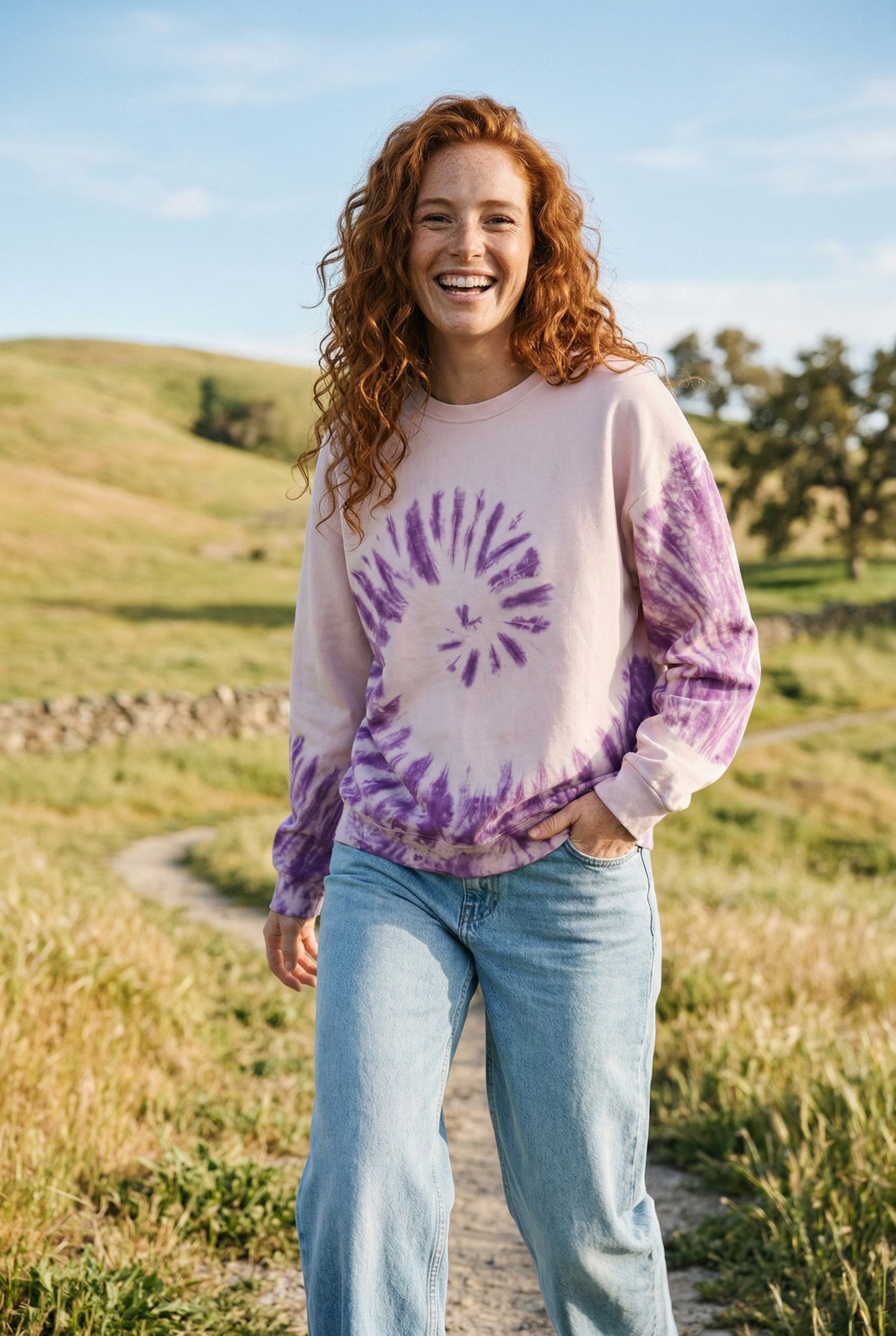 Batik Desenli Oversize Sweatshirt – %100 Pamuk, Mor Spiral