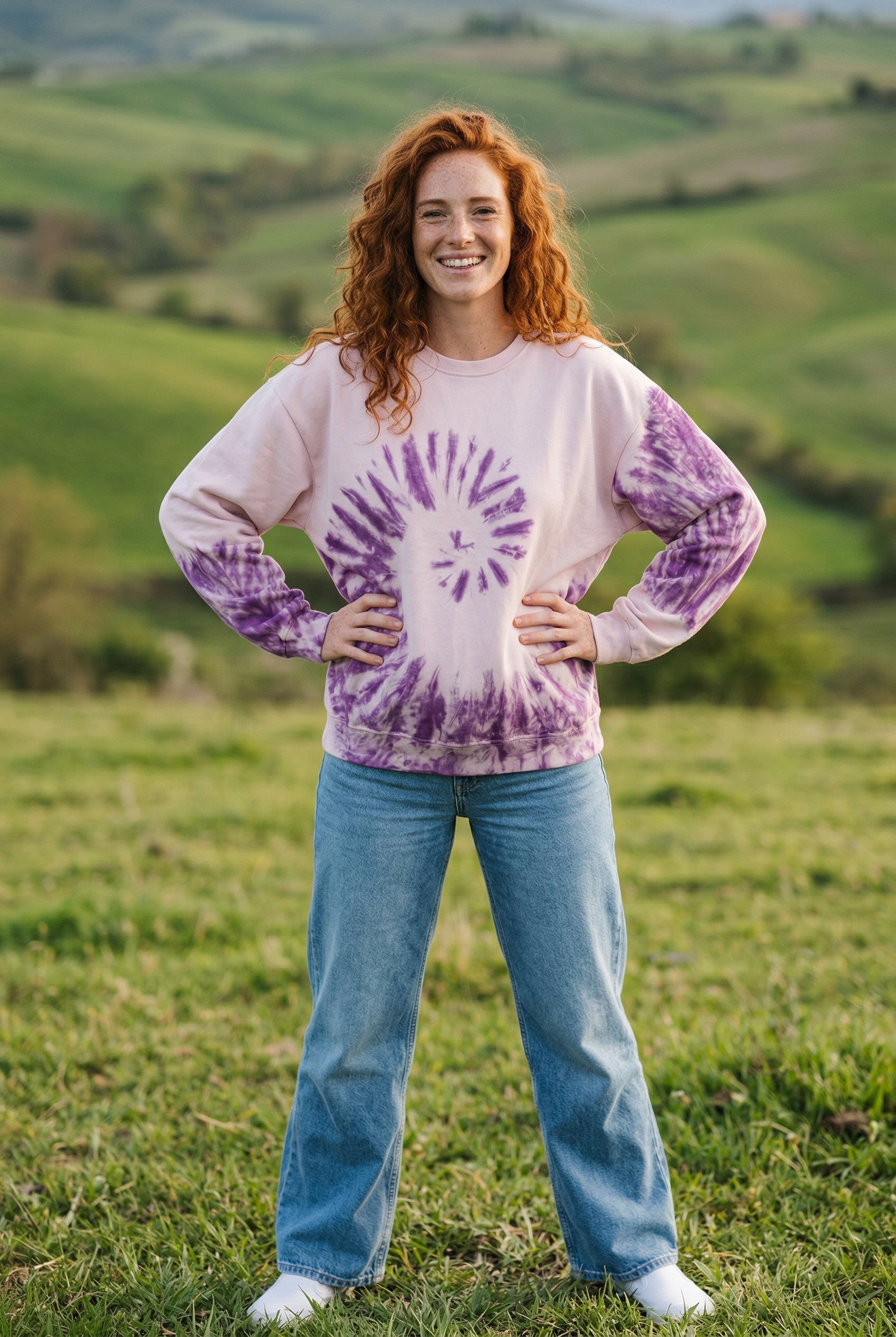 Batik Desenli Oversize Sweatshirt – %100 Pamuk, Mor Spiral