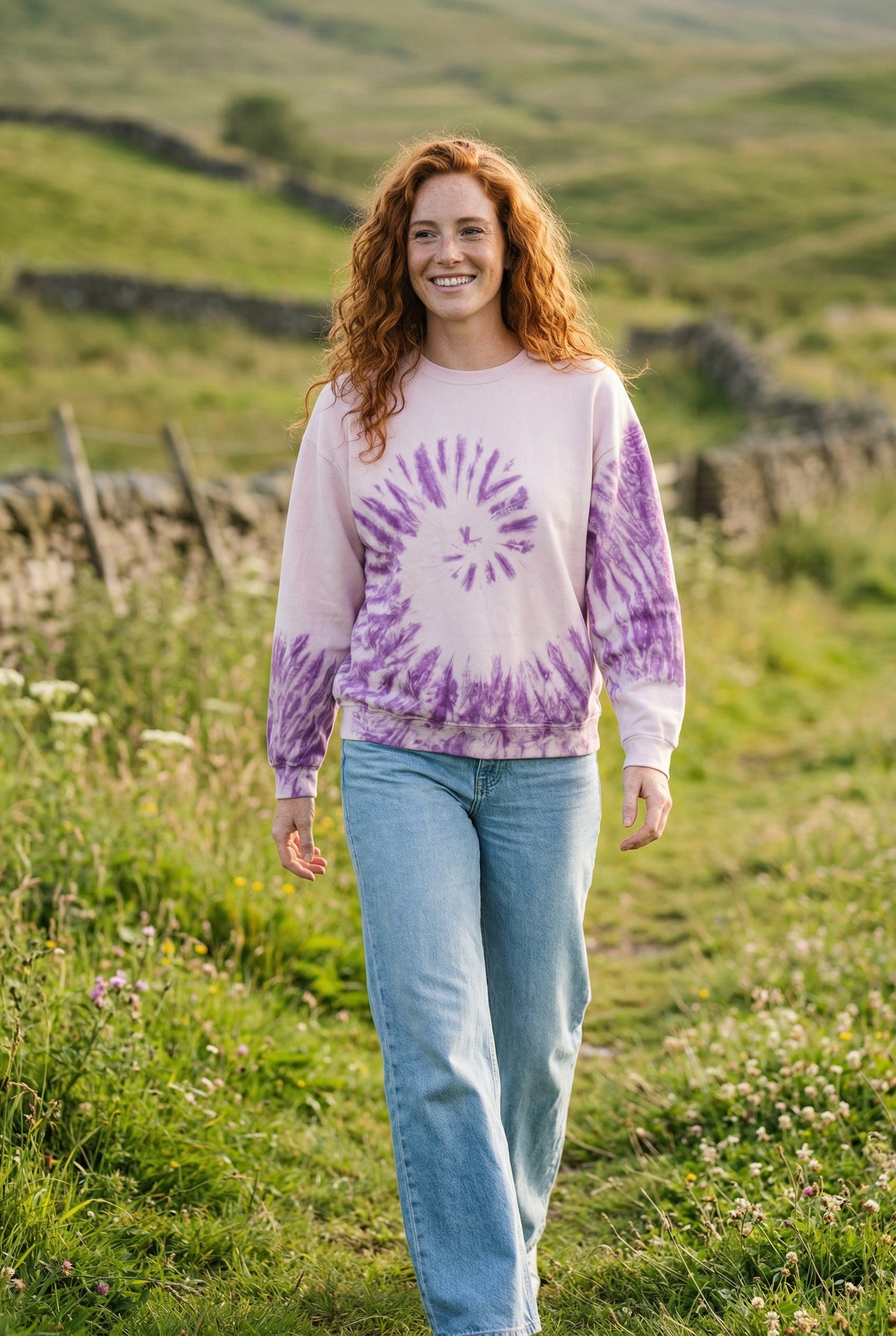 Batik Desenli Oversize Sweatshirt – %100 Pamuk, Mor Spiral