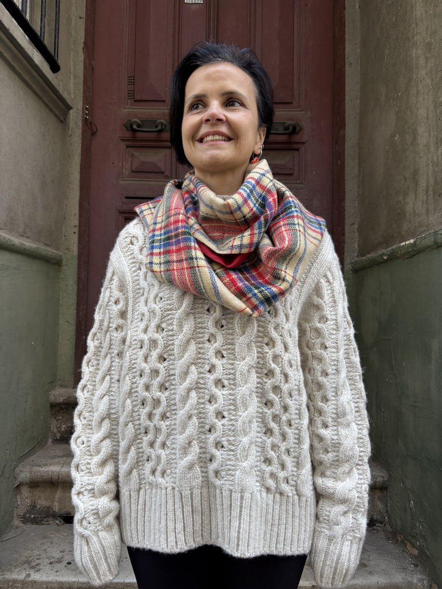 Bej Kırmızı Çift Taraflı Ekose & İpek Boyunluk