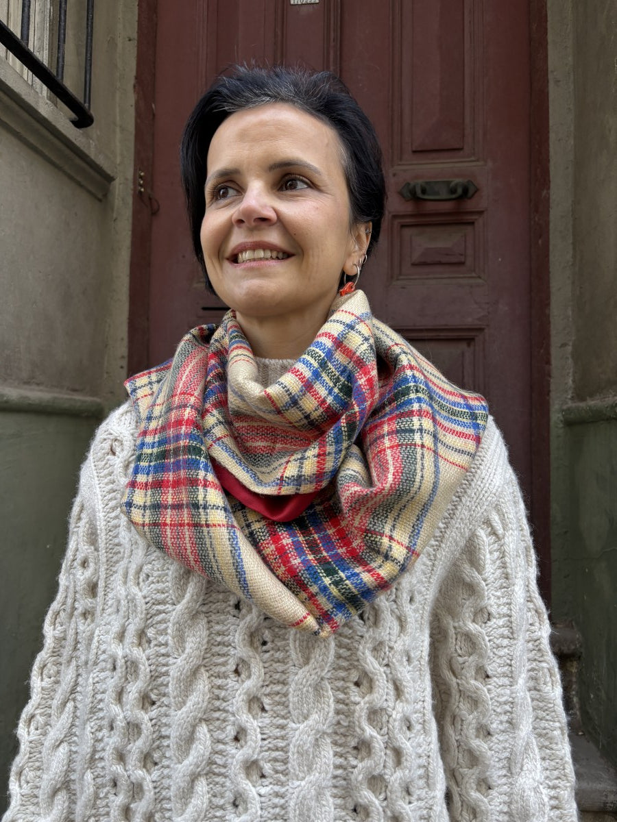 Bej Kırmızı Çift Taraflı Ekose & İpek Boyunluk