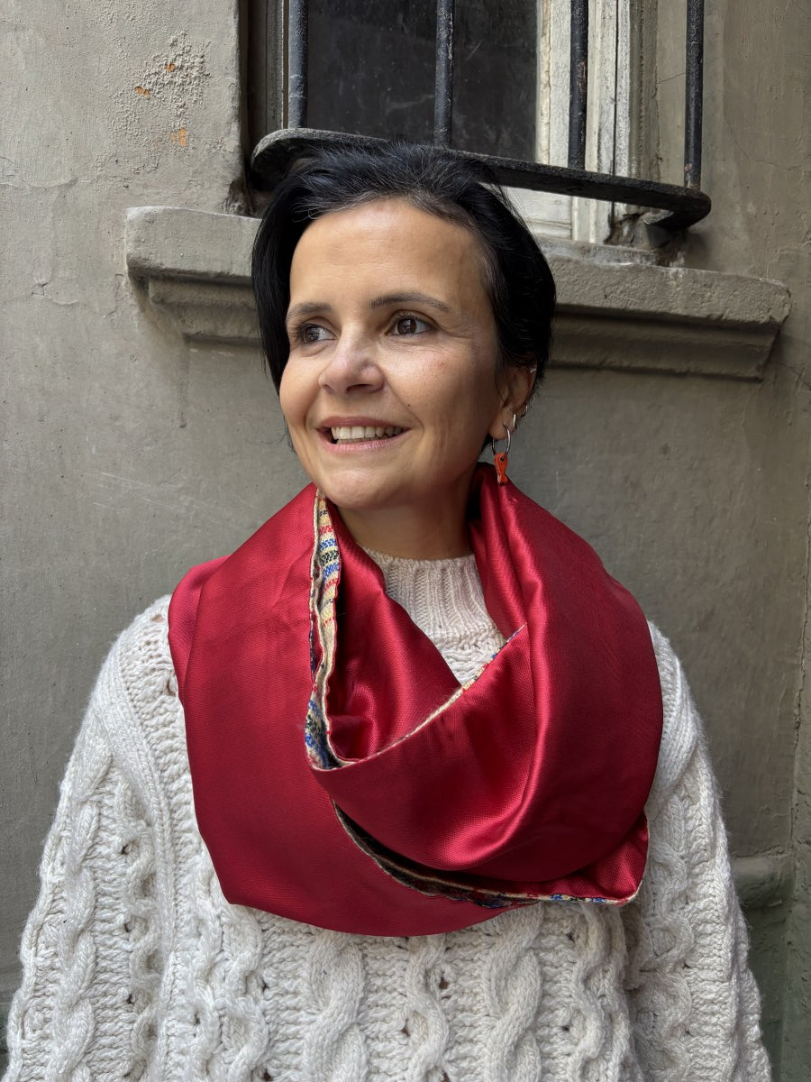 Bej Kırmızı Çift Taraflı Ekose & İpek Boyunluk