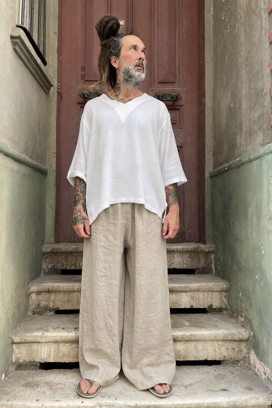 Bohem Erkek Cepli Keten Pantolon – Rahat Salaş Model, Lastikli Bel - Bej