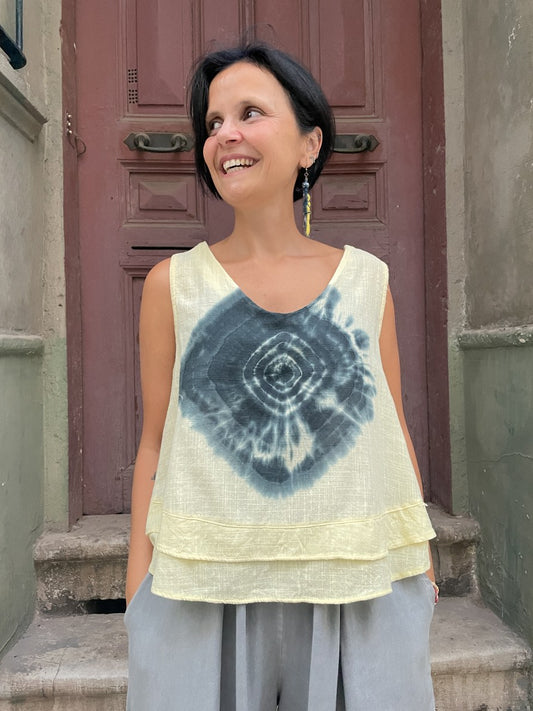 Bohem Batik Müslin Bluz – %100 Pamuk, Sarı Desenli