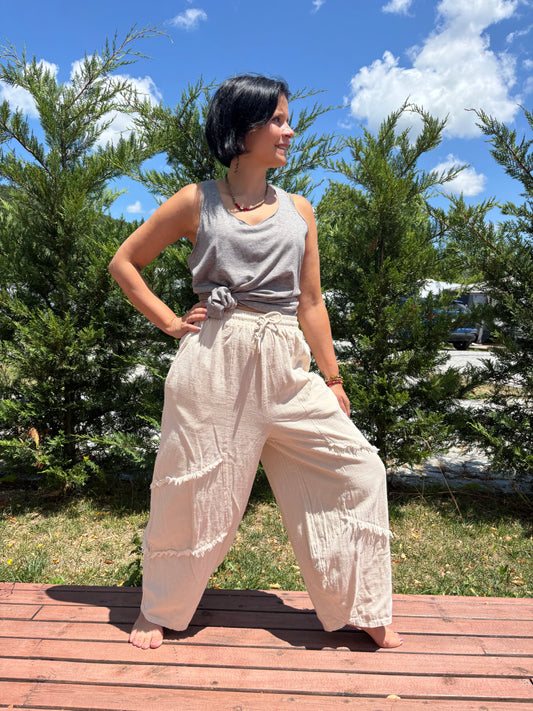 Bohem Bol Paça Pantolon – %100 Pamuk – Haki, Bej, Gri, Siyah, Kahve