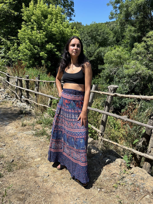 Nepal Mavi Etnik Desenli Bağlamalı Etek
