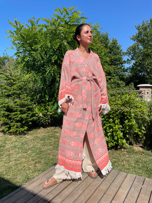 Balık Desenli Unisex Pamuk Kaftan