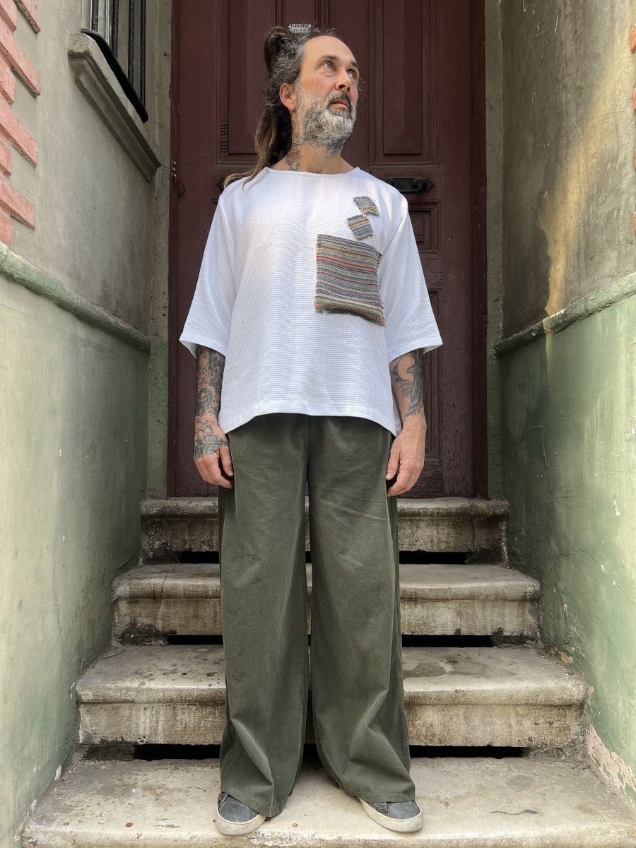 Erkek Bohem Beyaz Patchwork Bluz