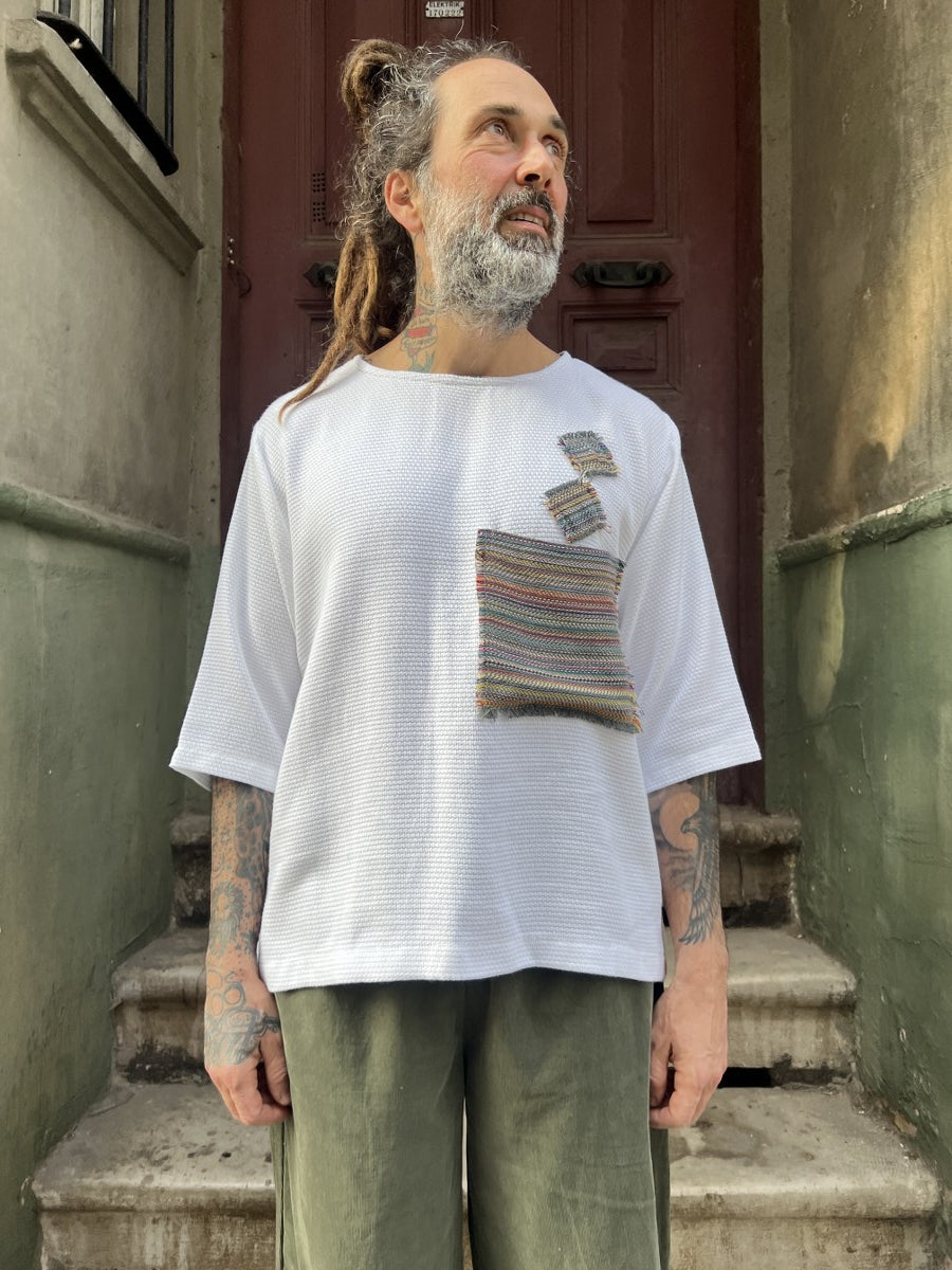 Erkek Bohem Beyaz Patchwork Bluz