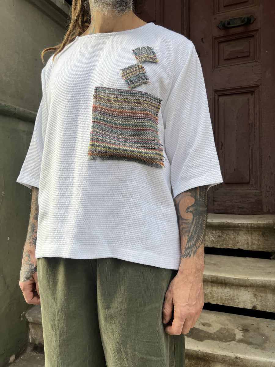 Erkek Bohem Beyaz Patchwork Bluz