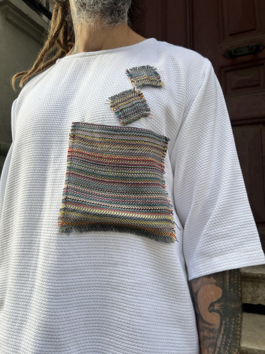 Erkek Bohem Beyaz Patchwork Bluz