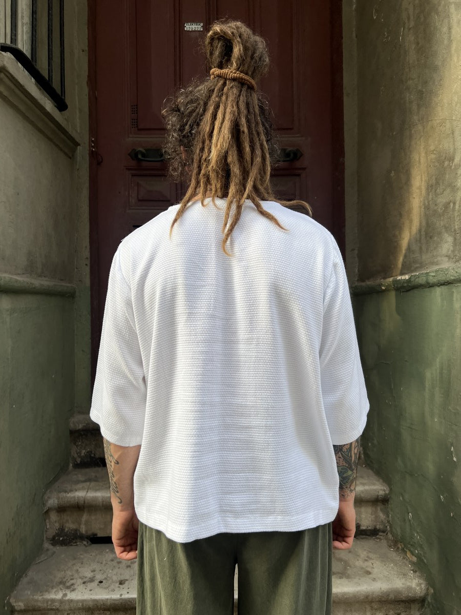 Erkek Bohem Beyaz Patchwork Bluz