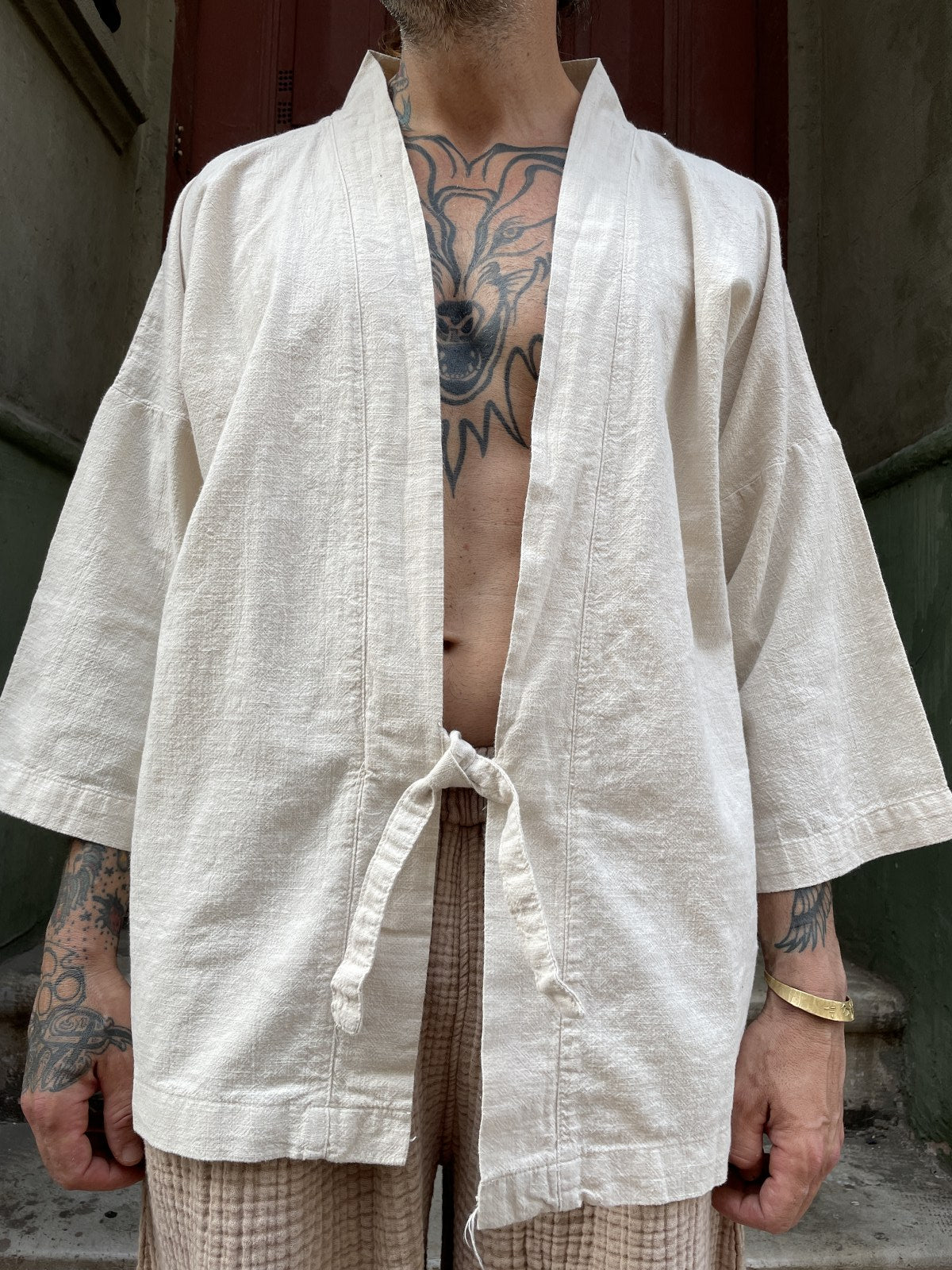 Bohem Dokuma Erkek Bej Kimono