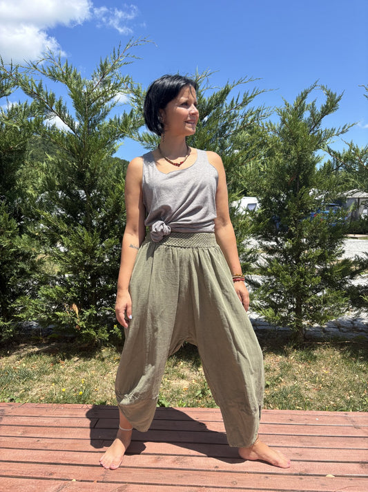 Bohem Lastik Bel Haki Kadın Yoga Pantolonu