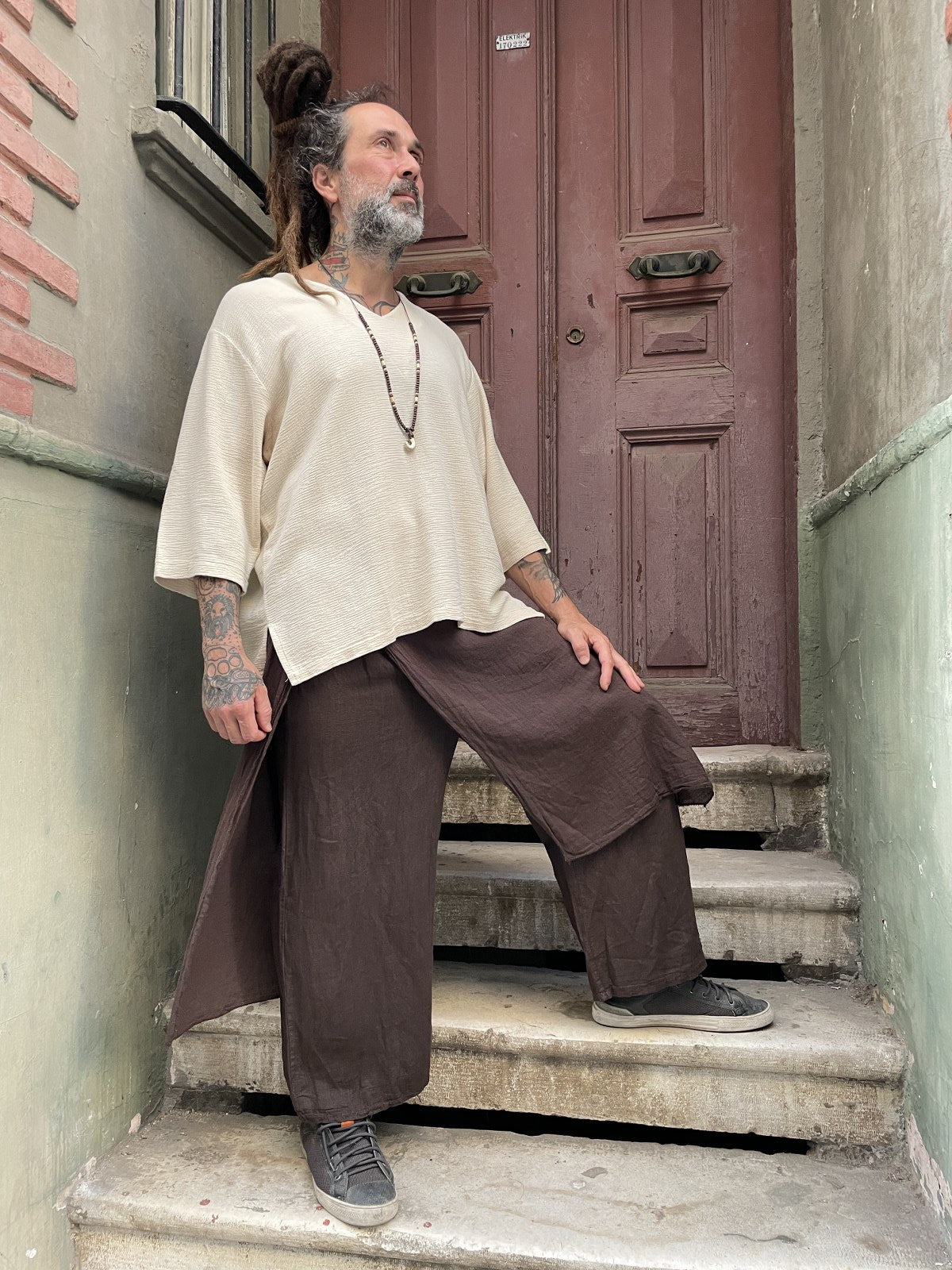 Bohem Erkek Keten Pantolon – Doğal Kumaş, Kahverengi