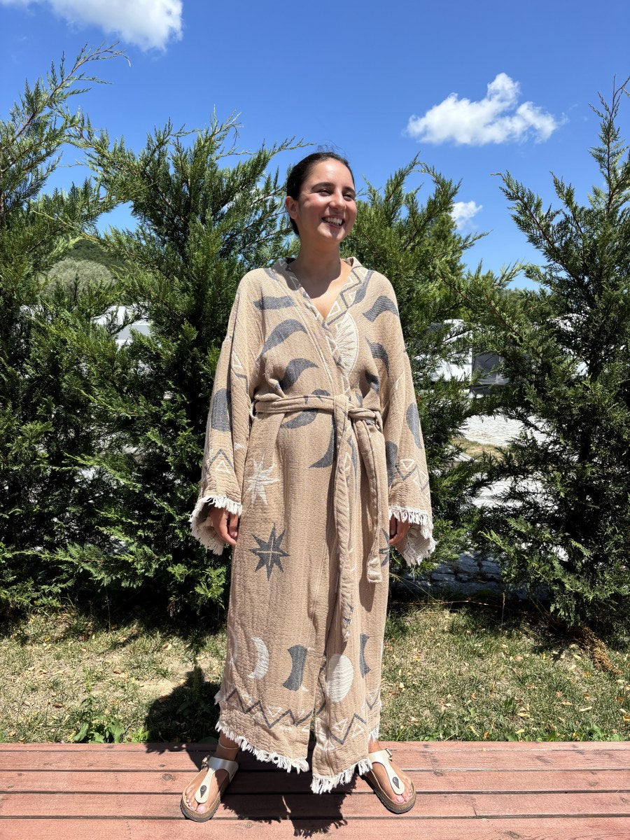 Güneş Desenli Unisex Pamuk Kaftan