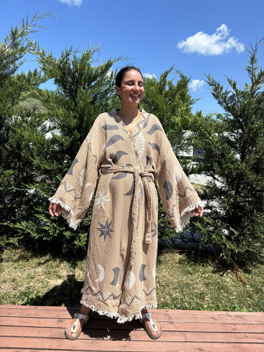 Güneş Desenli Unisex Pamuk Kaftan