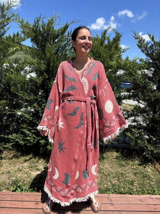 Güneş Desenli Unisex Pamuk Kaftan