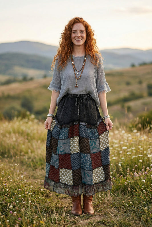 Nepal Patchwork Bohem Etek – %100 Pamuk, Lastikli Bel – Antrasit