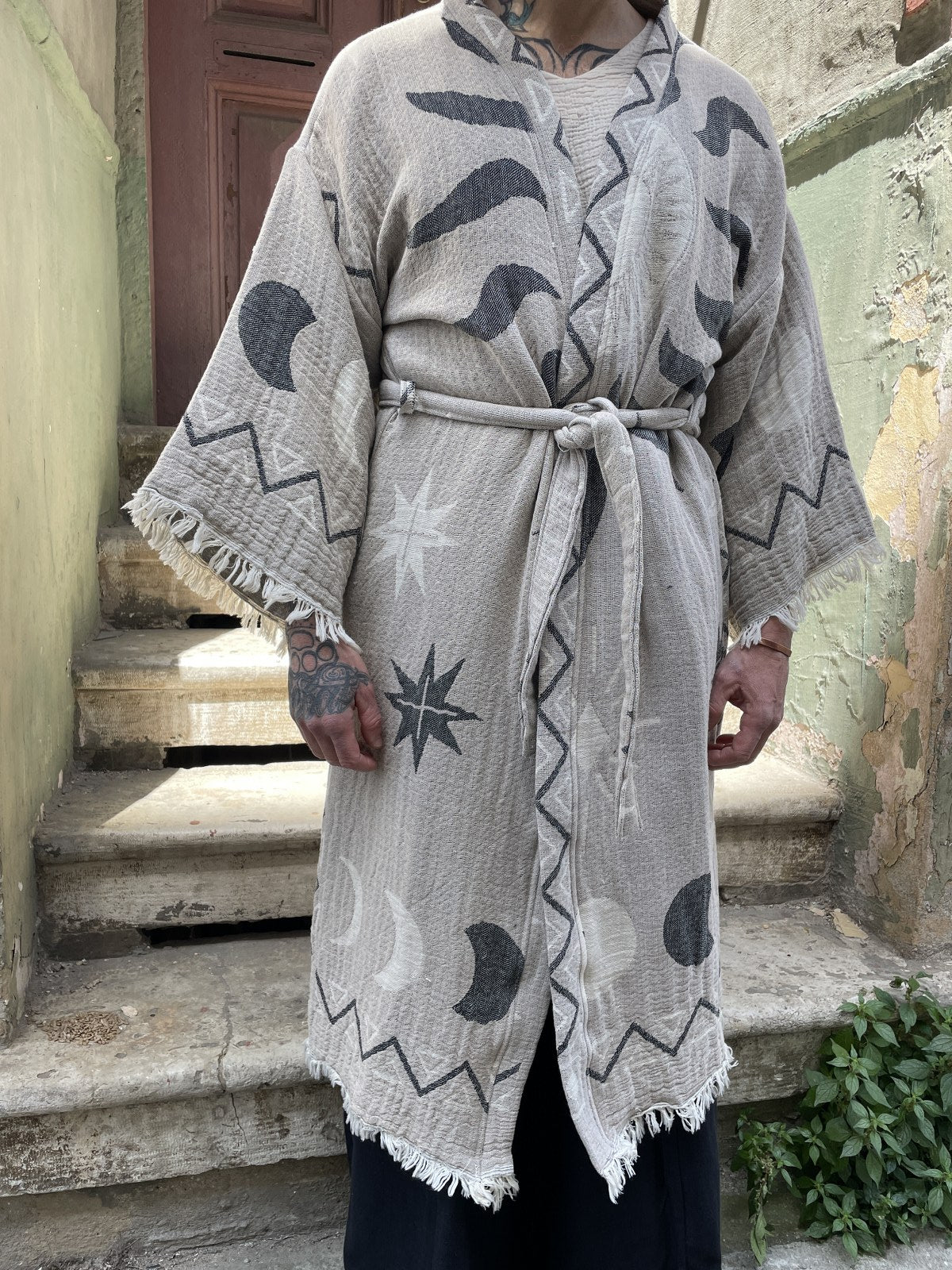 Ay & Güneş Desenli Erkek Kimono Kaftan Ceket