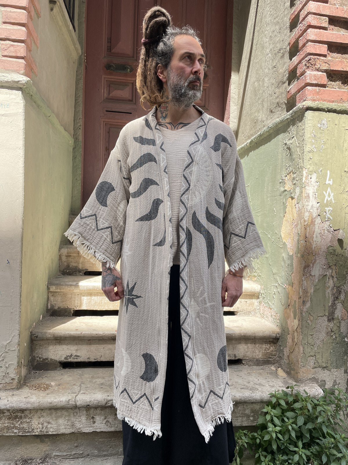 Ay & Güneş Desenli Erkek Kimono Kaftan Ceket