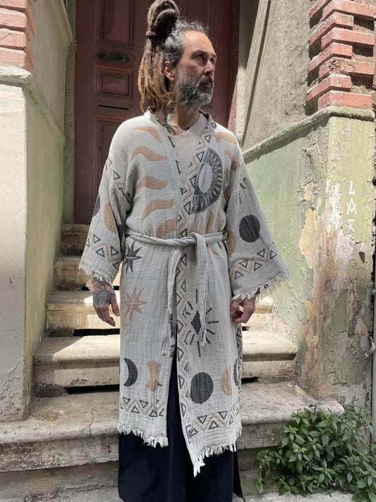 Unisex Bohem Ay & Güneş Desenli Erkek Kimono Kaftan Ceket – Bej Gri