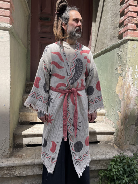 Unisex Bohem Kozmik Desenli Erkek Kimono Kaftan Ceket