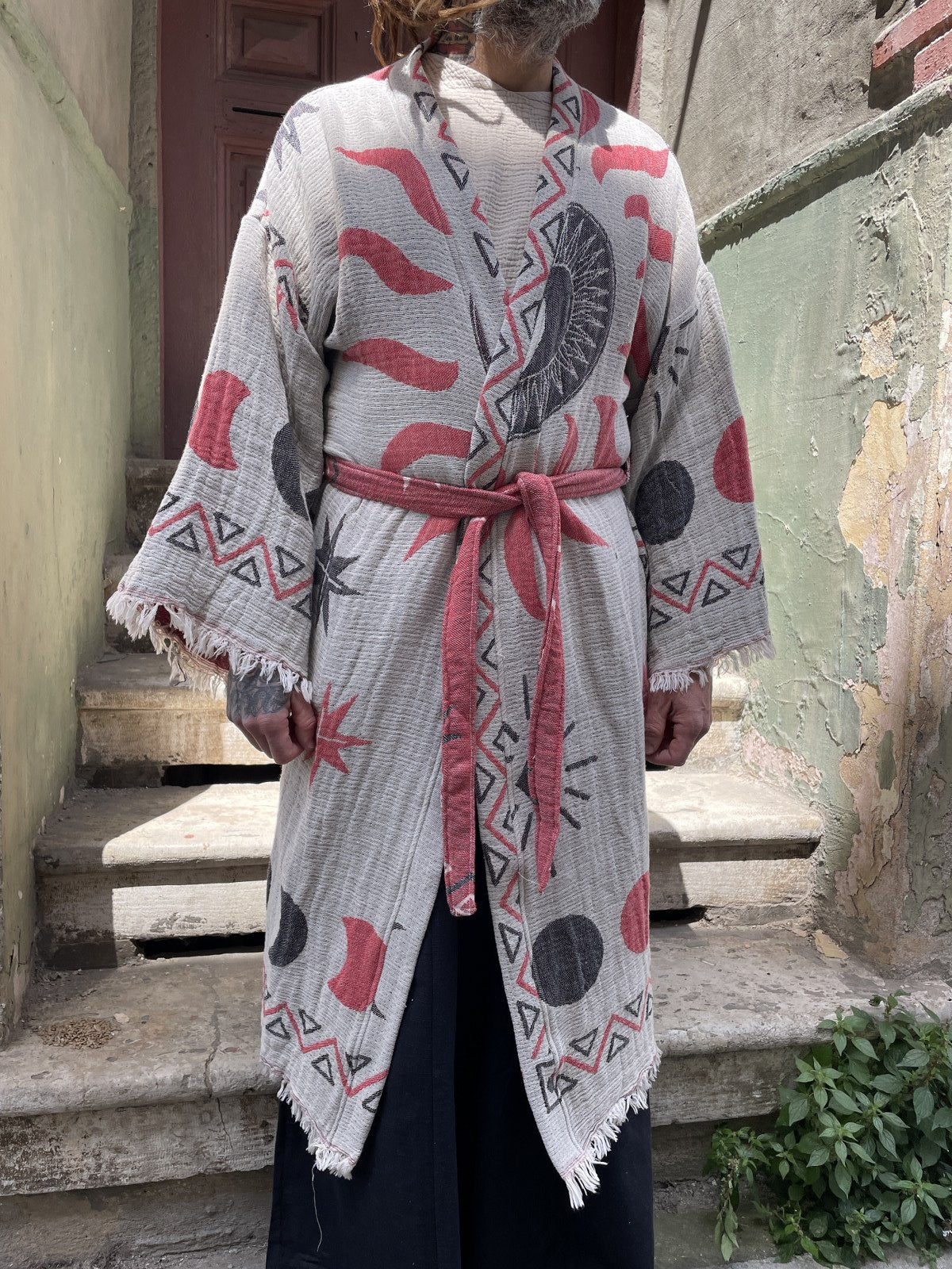 Unisex Bohem Kozmik Desenli Erkek Kimono Kaftan Ceket