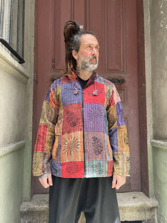 Nepal Patchwork Fermuarlı Erkek Gömlek - Kırmızı Mor