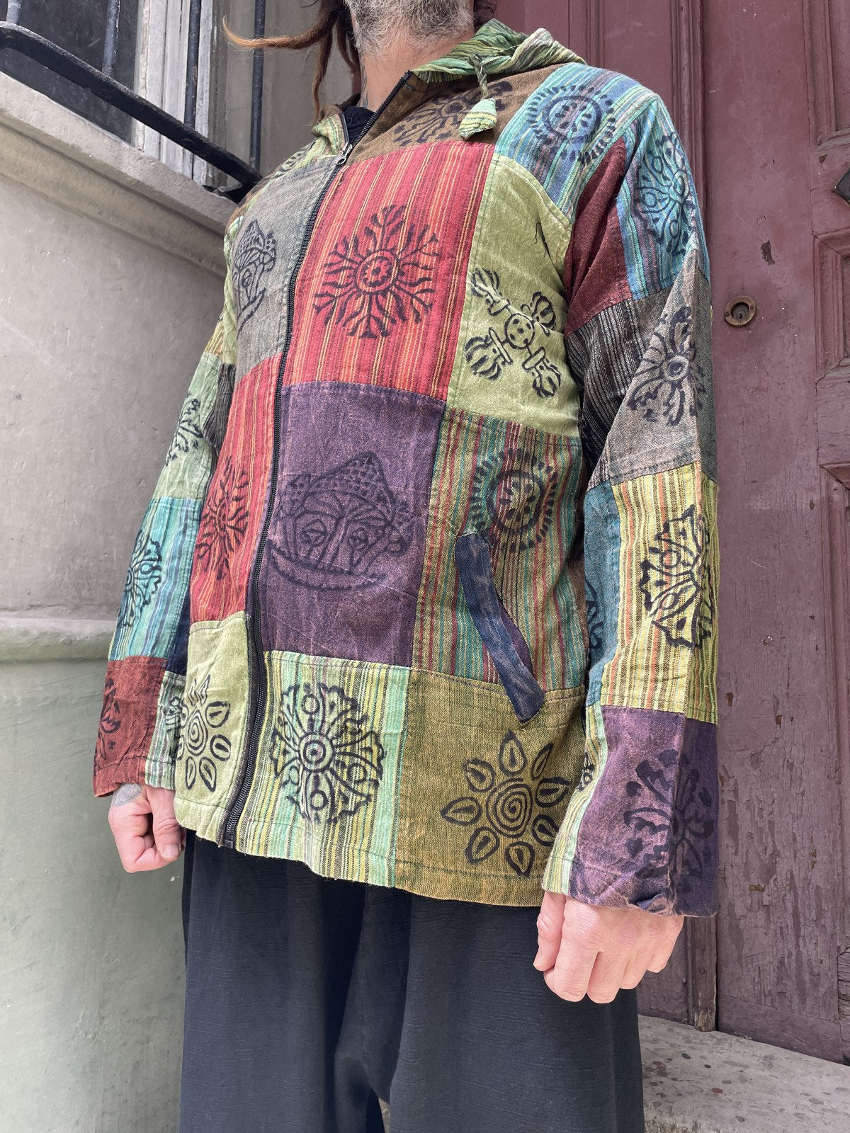 Nepal Patchwork Fermuarlı Erkek Gömlek - Yeşil Kırmızı
