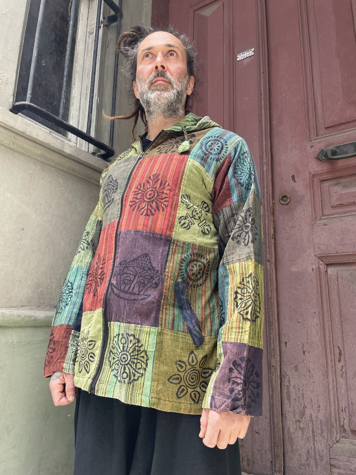 Nepal Patchwork Fermuarlı Erkek Gömlek - Yeşil Kırmızı