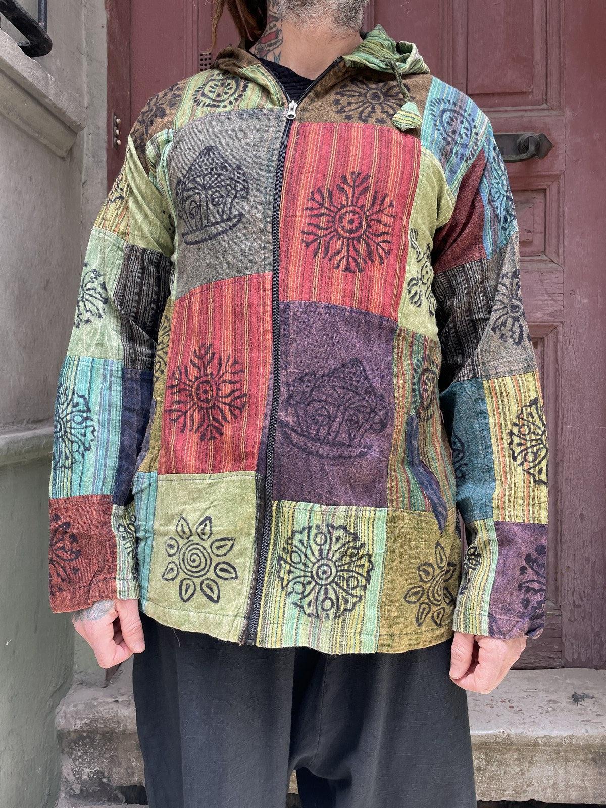 Nepal Patchwork Fermuarlı Erkek Gömlek - Yeşil Kırmızı