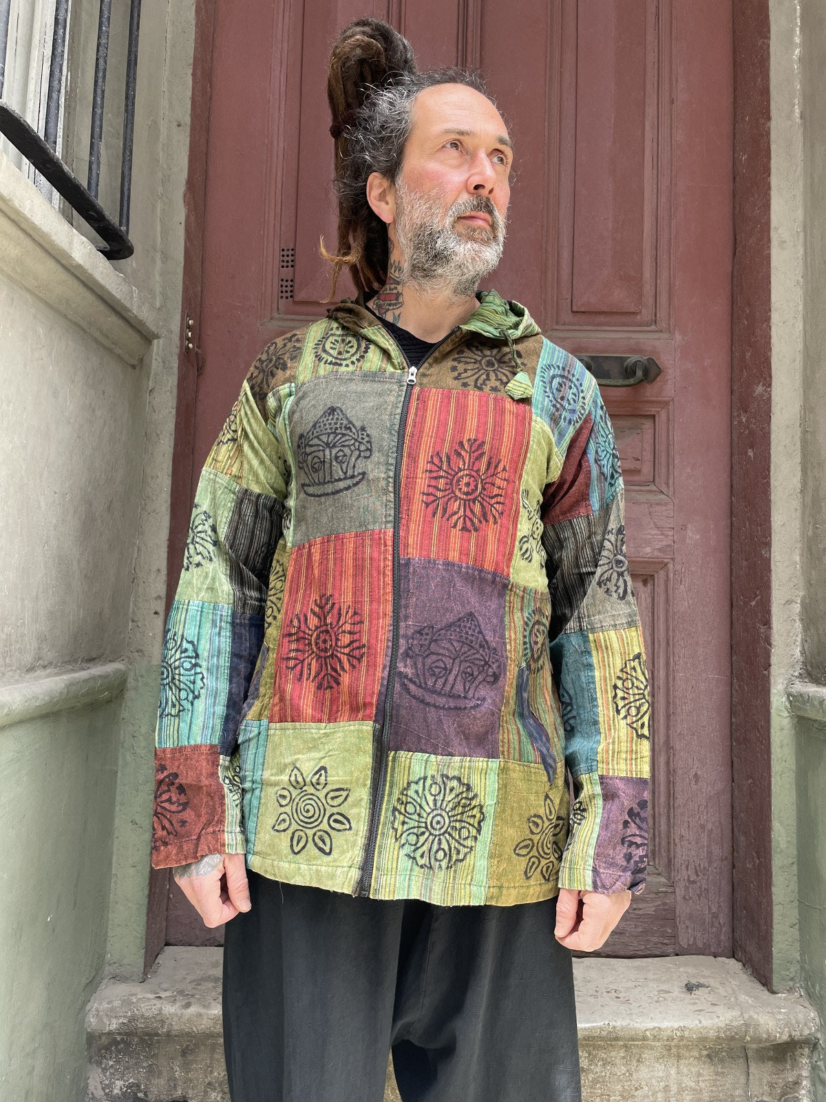 Nepal Patchwork Fermuarlı Erkek Gömlek - Yeşil Kırmızı