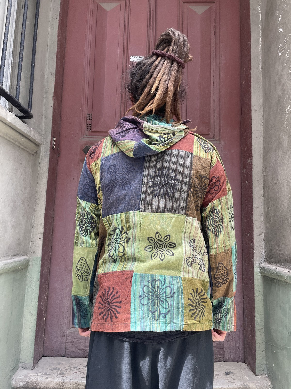Nepal Patchwork Fermuarlı Erkek Gömlek - Yeşil Kırmızı