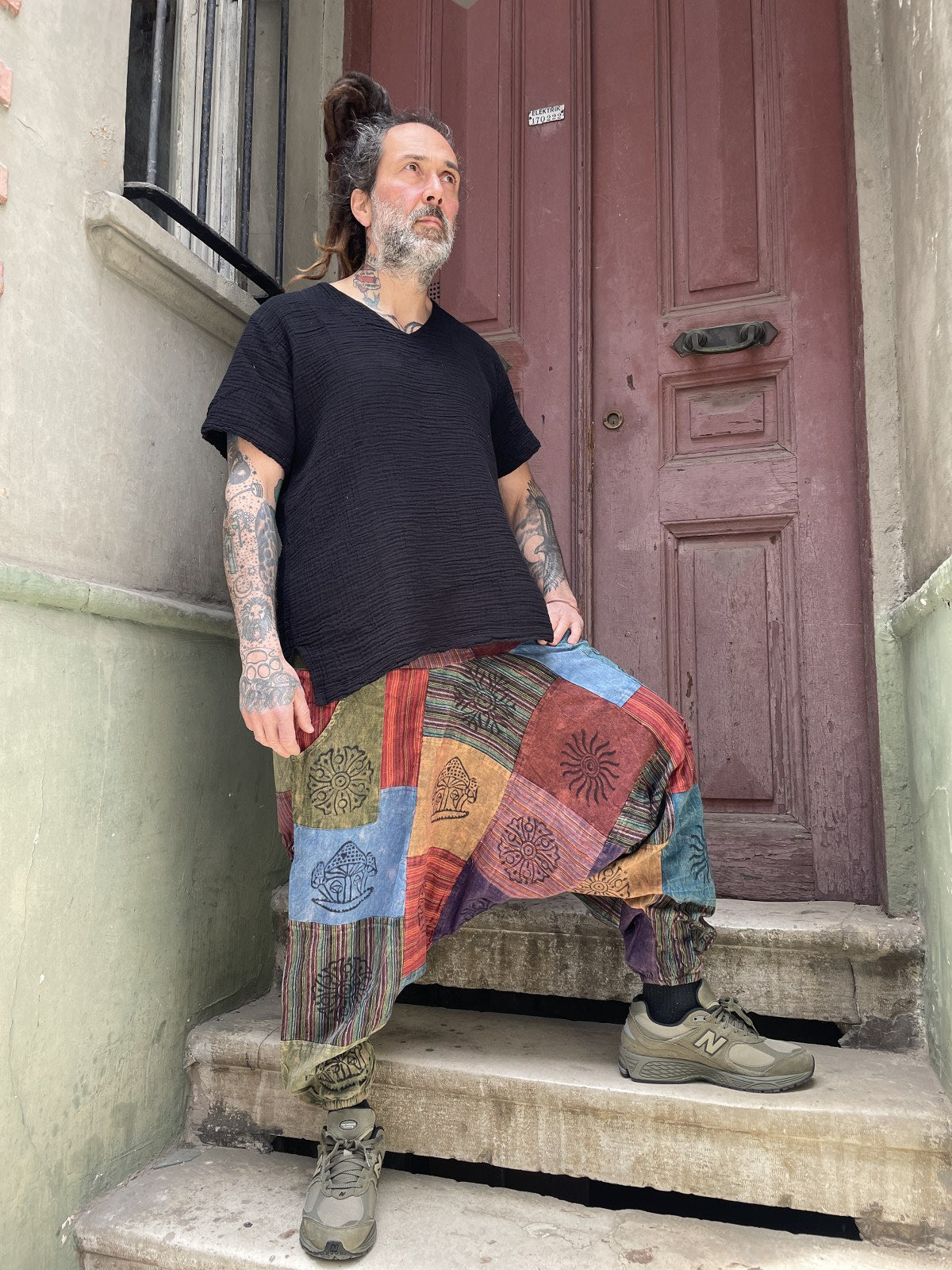 Nepal Patchwork Mavi Bordo Kadın Pantolon