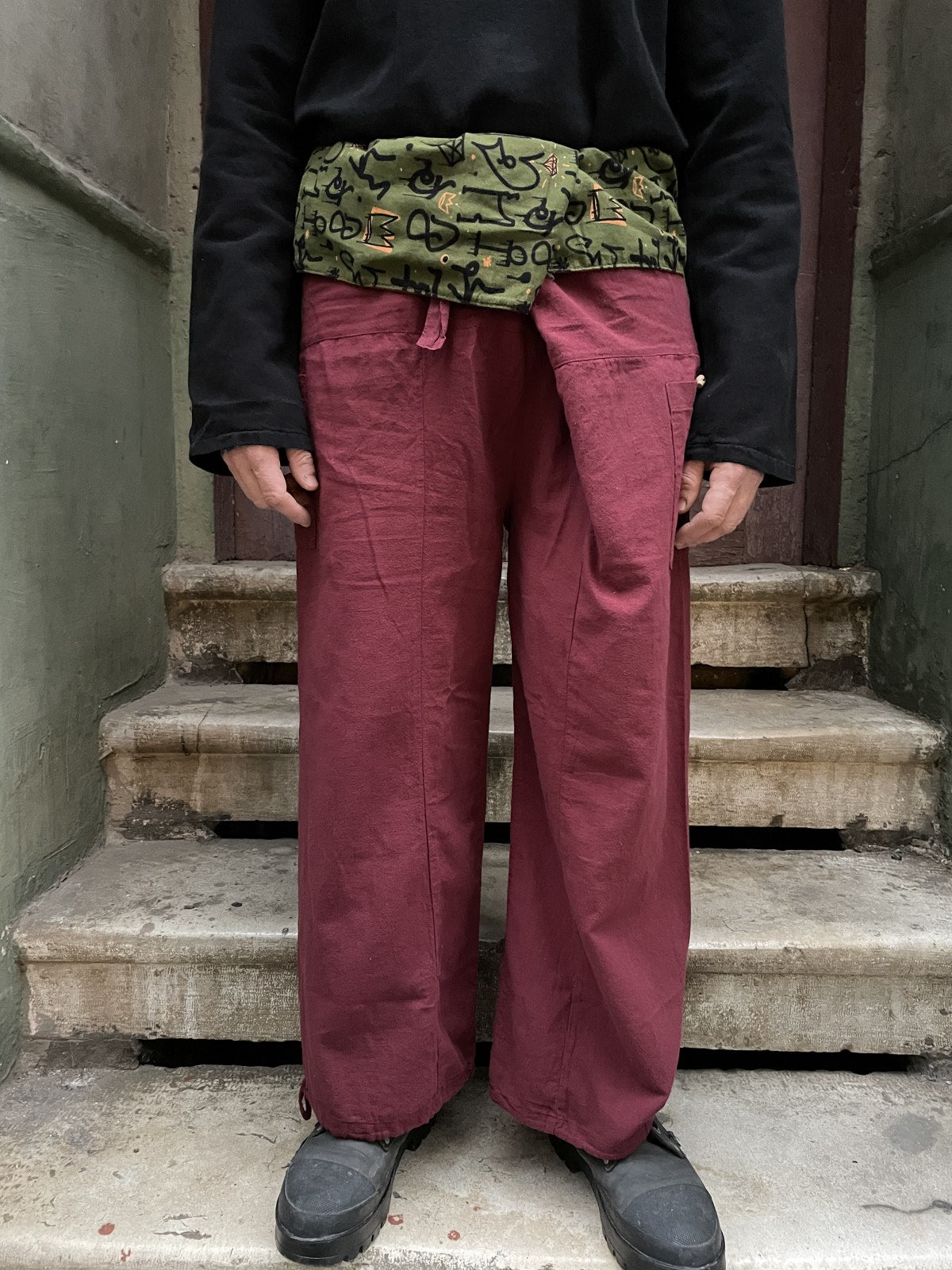 Unisex Çift Kullanımlı Bordo Thai Balıkçı Pantolon