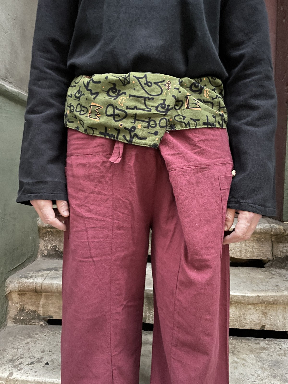 Unisex Çift Kullanımlı Bordo Thai Balıkçı Pantolon