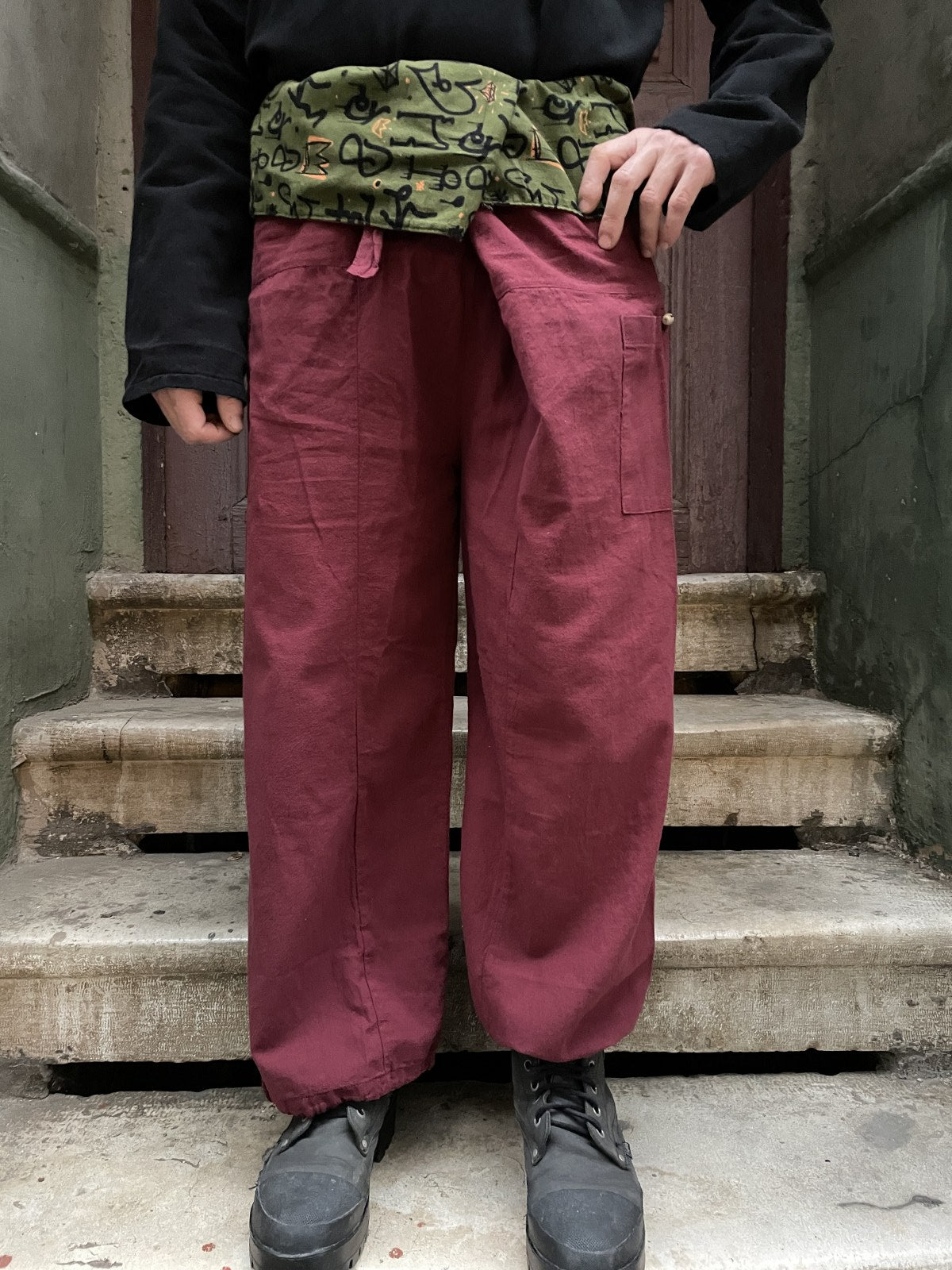 Unisex Çift Kullanımlı Bordo Thai Balıkçı Pantolon