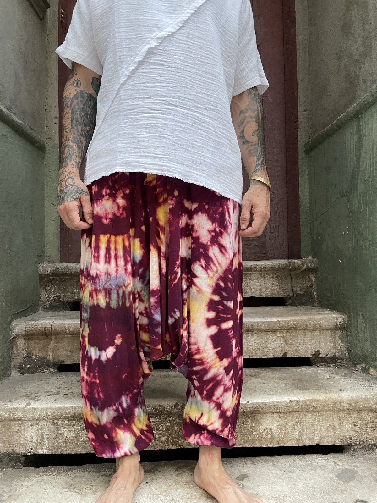 Unisex Batik Bordo Krem Pantolon Şalvar