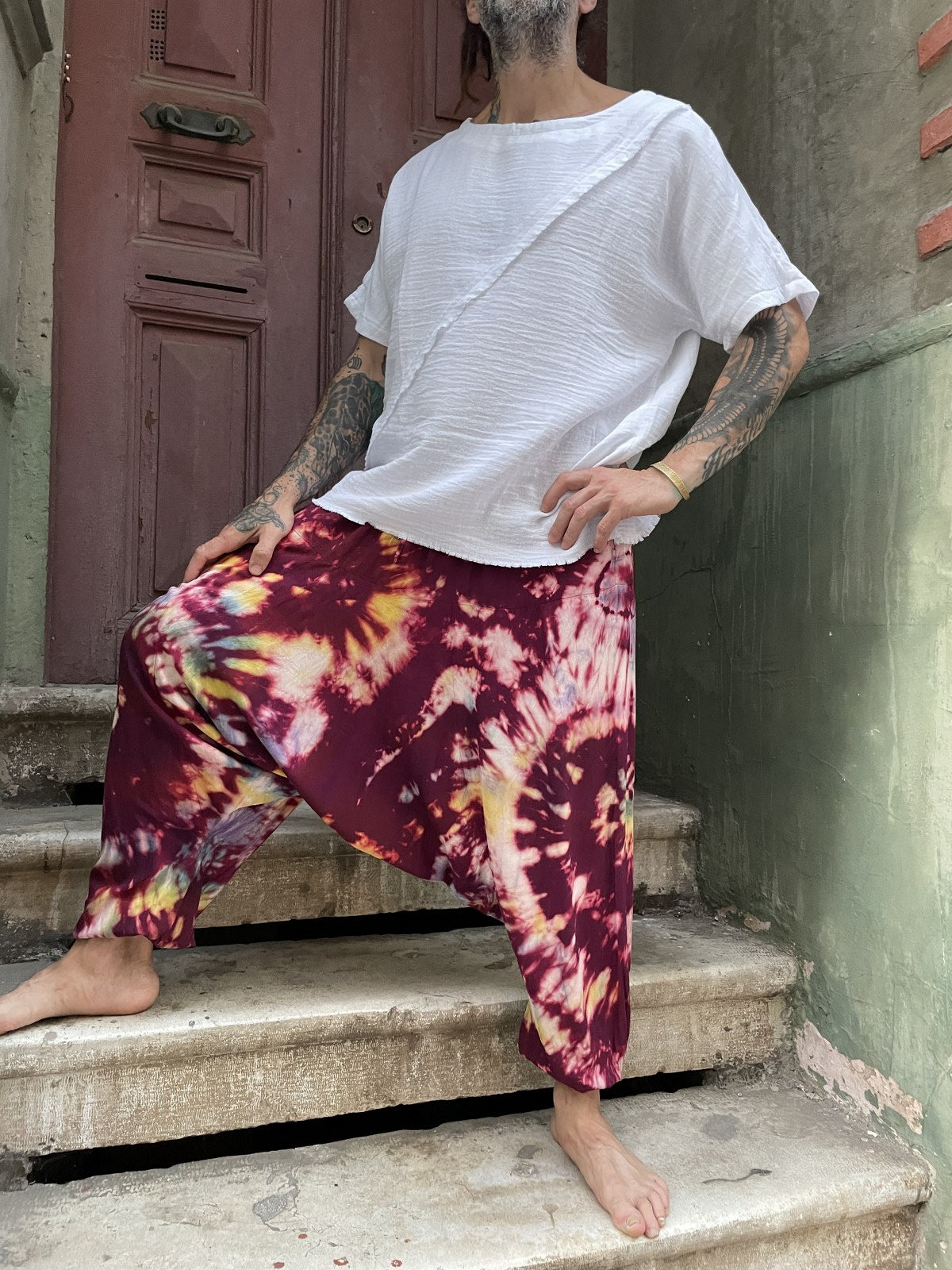 Unisex Batik Bordo Krem Pantolon Şalvar