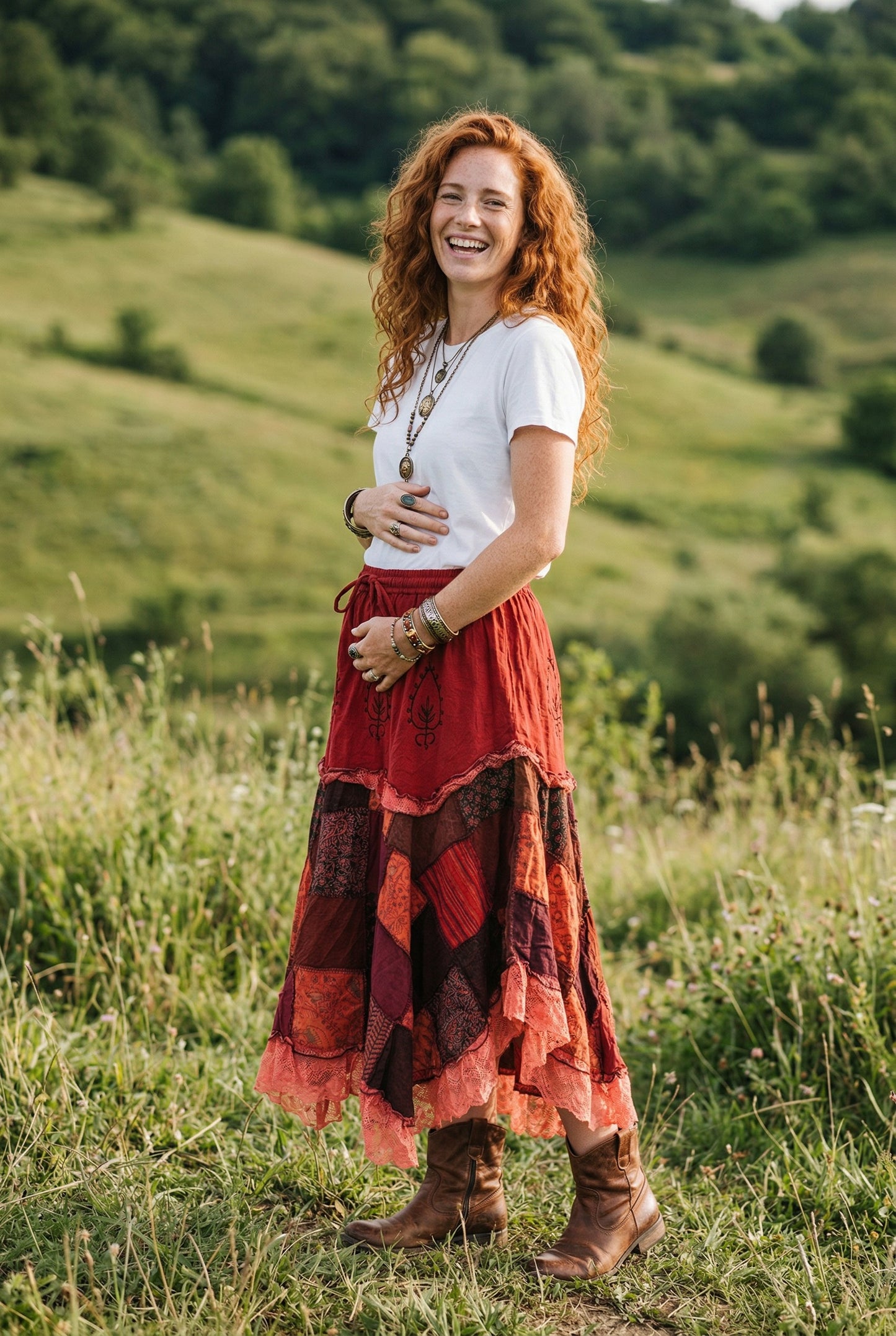 Nepal Patchwork Asimetrik Bohem Etek – %100 Pamuk, – Bordo Kırmızı