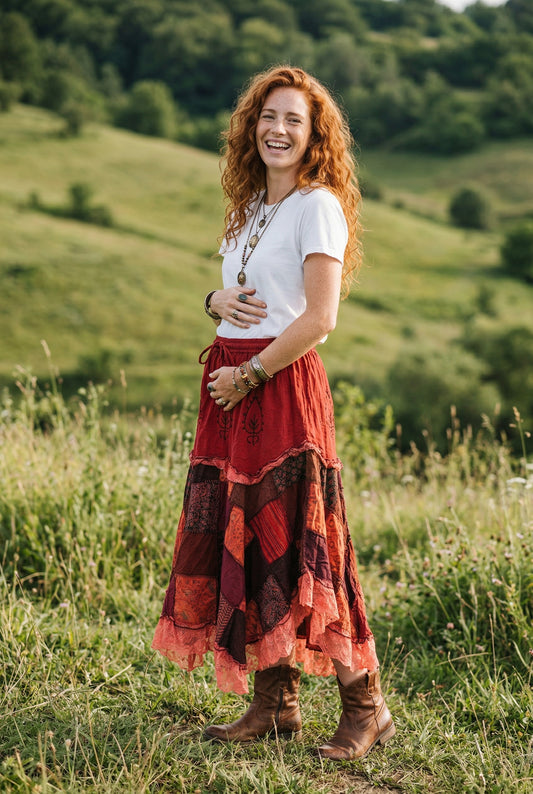 Nepal Patchwork Asimetrik Bohem Etek – %100 Pamuk, – Bordo Kırmızı