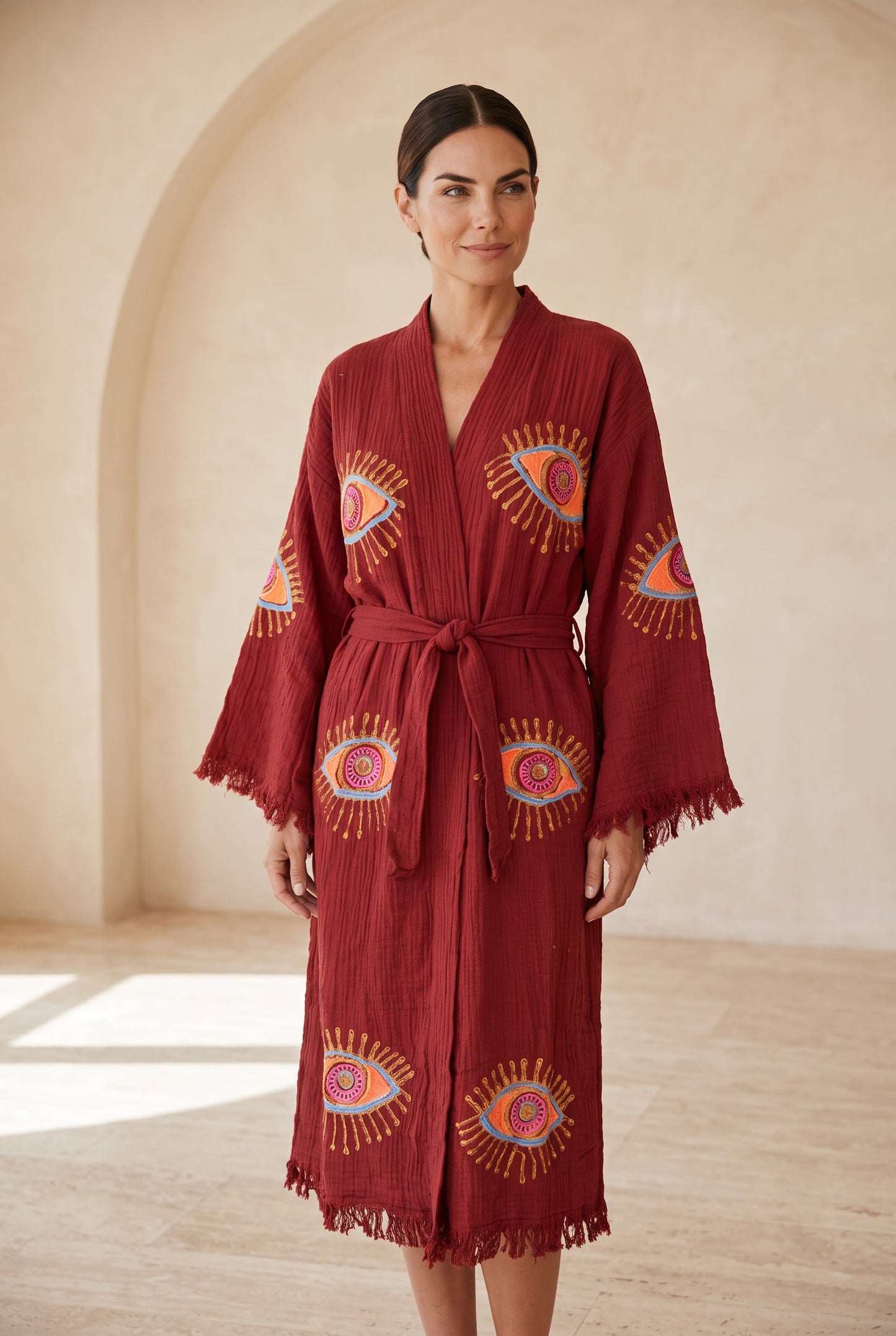 Göz Desenli Müslin Kimono Kaftan – Bordo