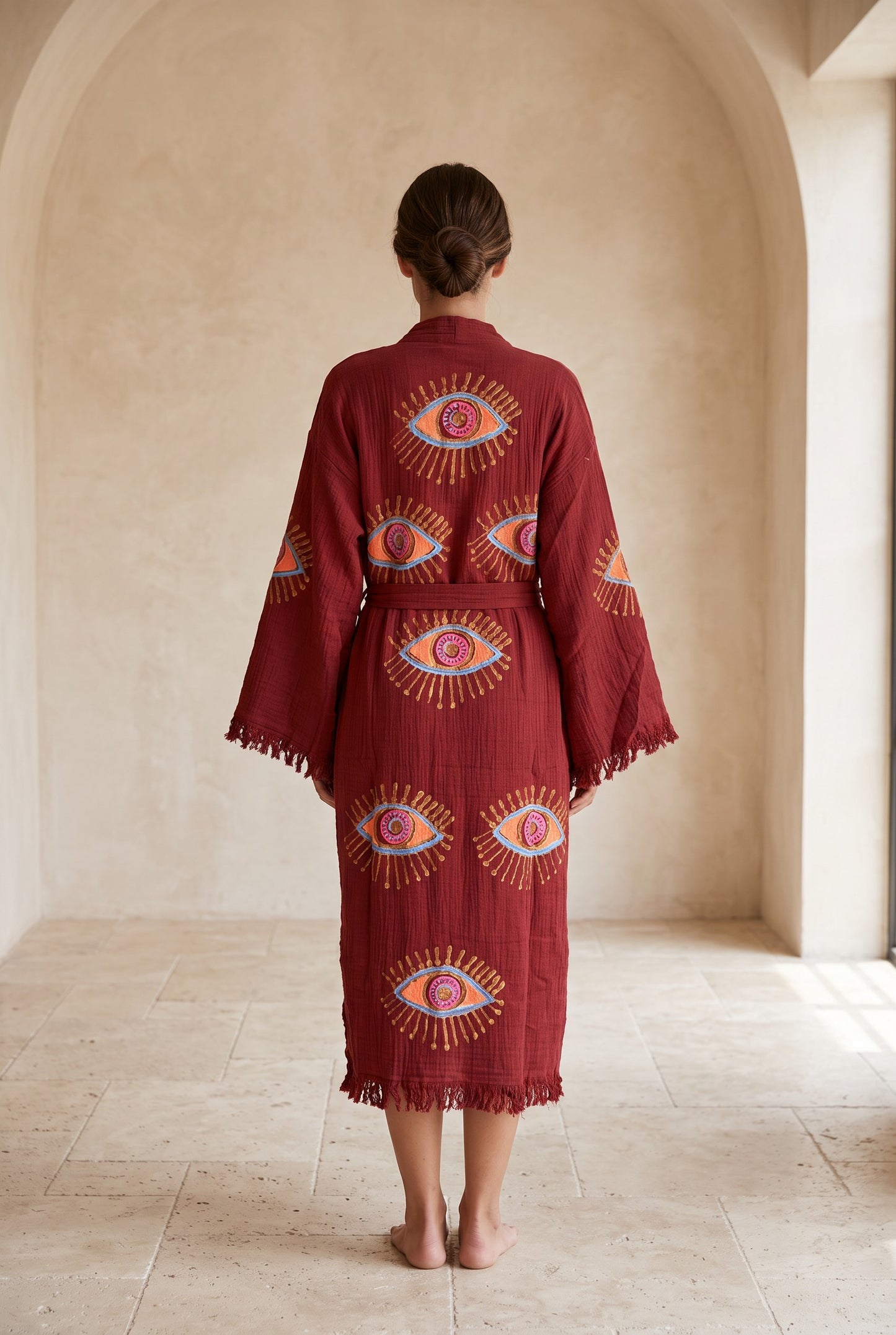 Göz Desenli Müslin Kimono Kaftan – Bordo