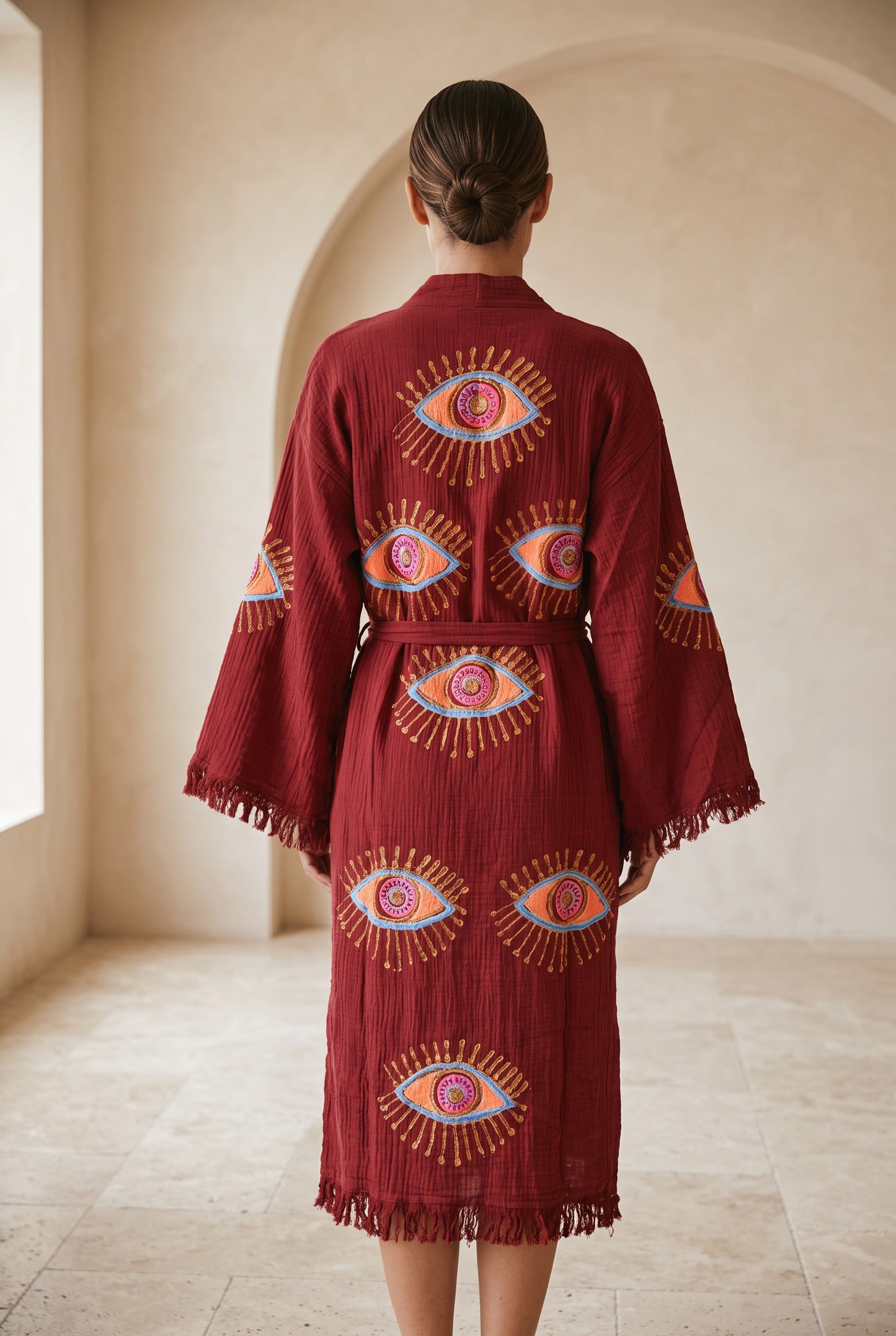 Göz Desenli Müslin Kimono Kaftan – Bordo