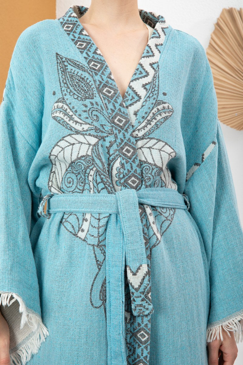 Mavi Bohem Kadın Fil Desenli Doğal Kumaş Kimono Bornoz Kaftan